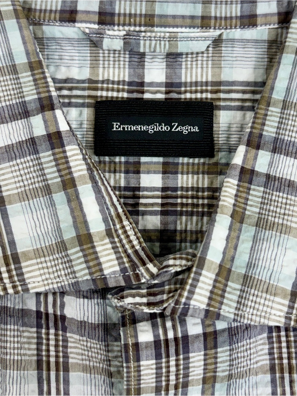 Ermenegildo Zegna Cream, Brown and Gray Plaid Short-Sleeve Button-Down Shirt